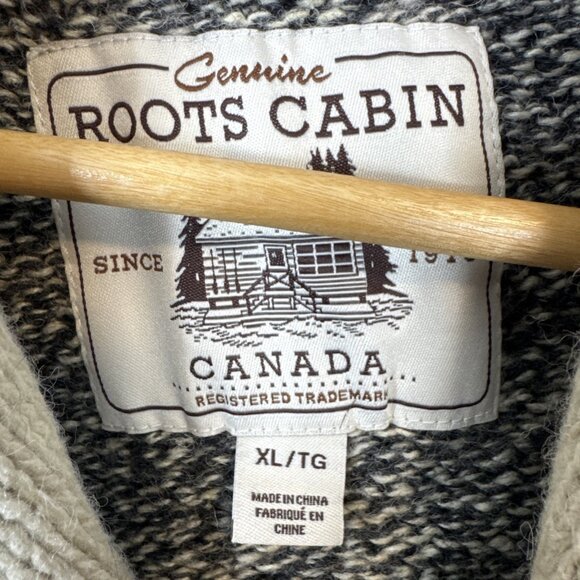 Roots Cabin Shawl Collar Sweater XL Men’s Wool Blend Elbow Patches Gray Red Knit - Picture 6 of 7